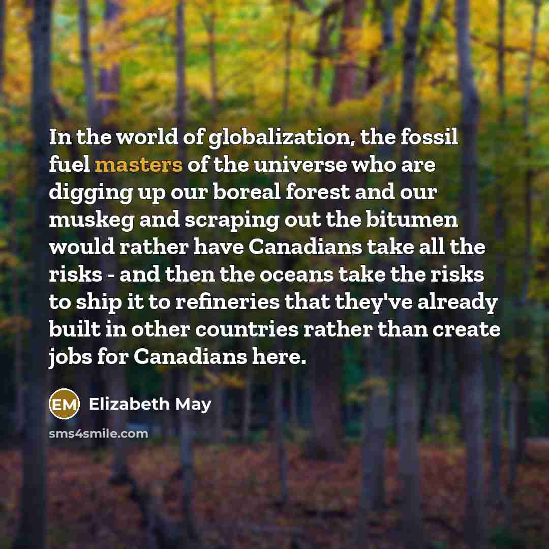 “In the world of globalization, the fossil fuel masters of the universe who are digging up our boreal forest and our muskeg and scraping out the bitumen would rather have Canadians take all the risks - and then the oceans take the risks to ship it to refineries that they've already built in other…” quote by Elizabeth May