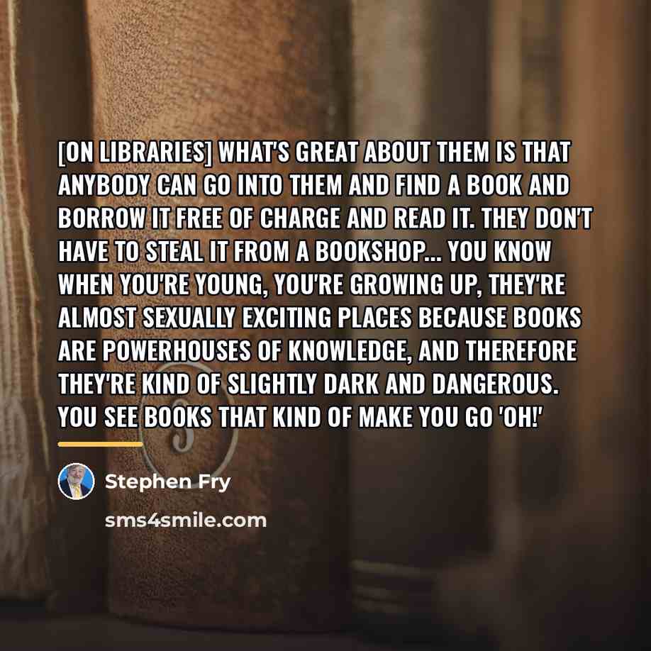 “[On libraries] What's great about them is that anybody can…” quote by Stephen Fry