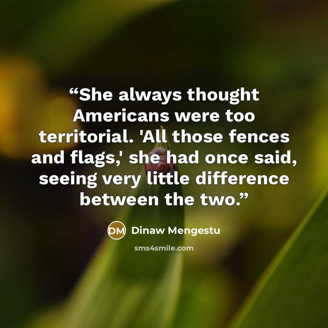 “She always thought Americans were too territorial. 'All those fences and flags,' she had once said, seeing very little difference between the two.” quote by Dinaw Mengestu