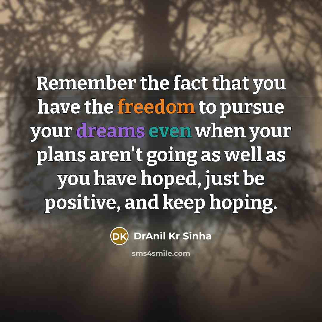 “Remember the fact that you have the freedom to pursue your dreams even when your plans aren't going as well as you have hoped, just be positive, and keep hoping.” quote by DrAnil Kr Sinha