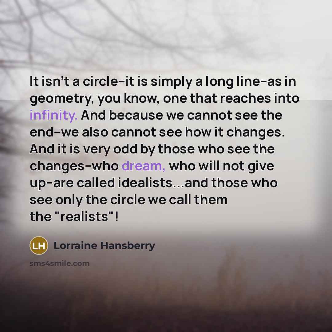“It isn't a circle--it is simply a long line--as in geometry, you know, one that reaches into infinity. And because we cannot see the end--we also cannot see how it changes. And it is very odd by those who see the changes--who dream, who will not give up--are called idealists...and those who see…” quote by Lorraine Hansberry