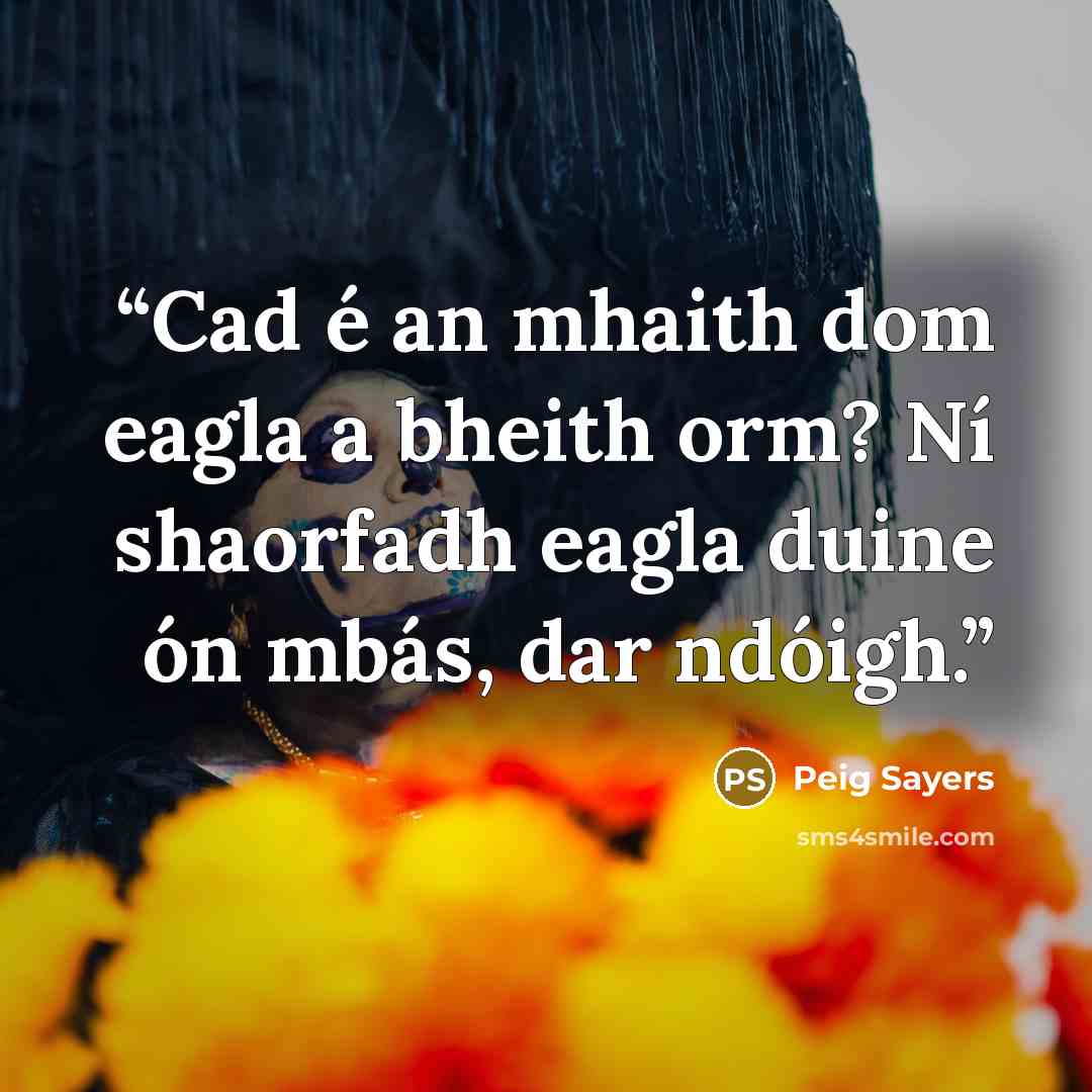 “Cad é an mhaith dom eagla a bheith orm? Ní shaorfadh eagla duine ón mbás, dar ndóigh.” quote by Peig Sayers