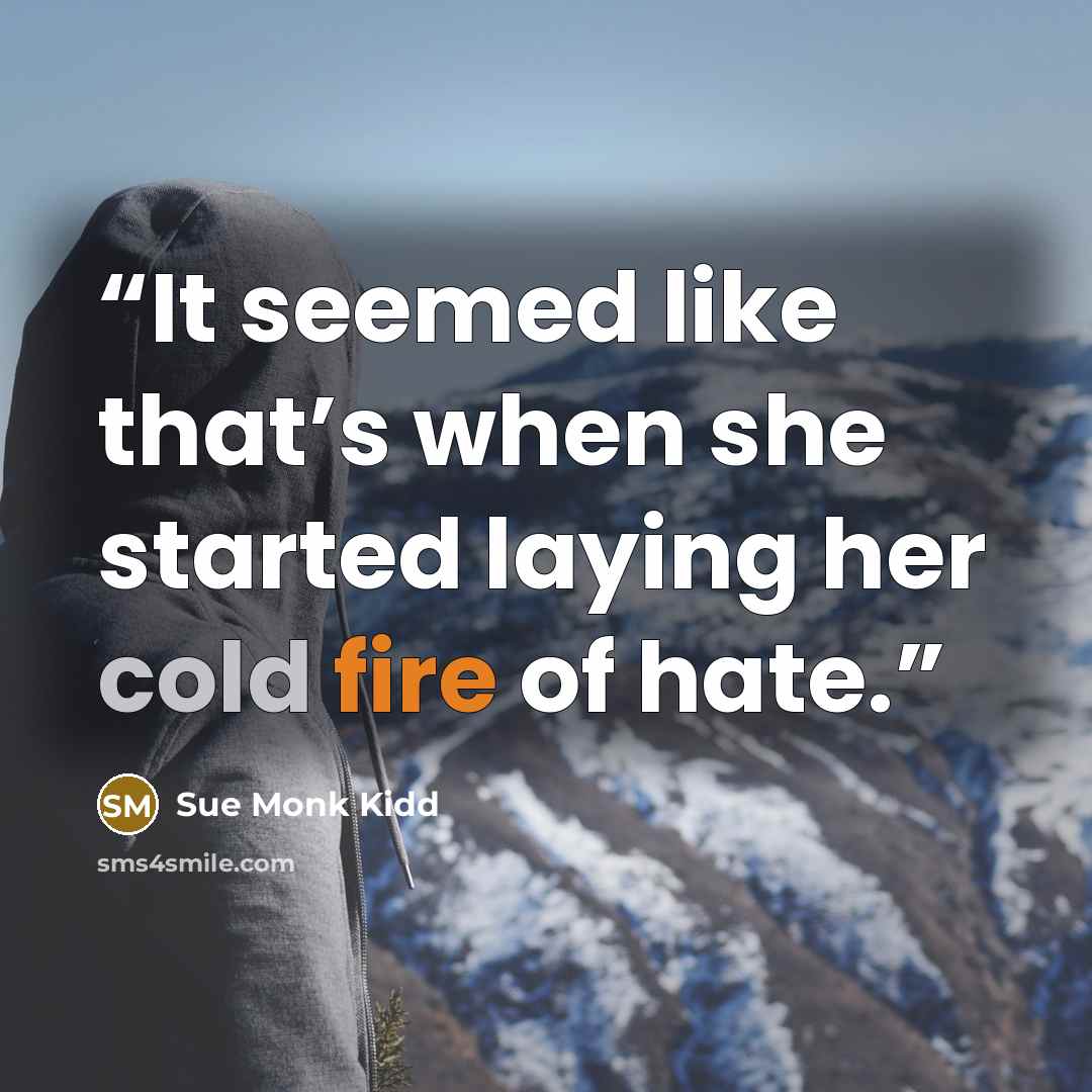 “It seemed like that’s when she started laying her cold fire of hate.” quote by Sue Monk Kidd