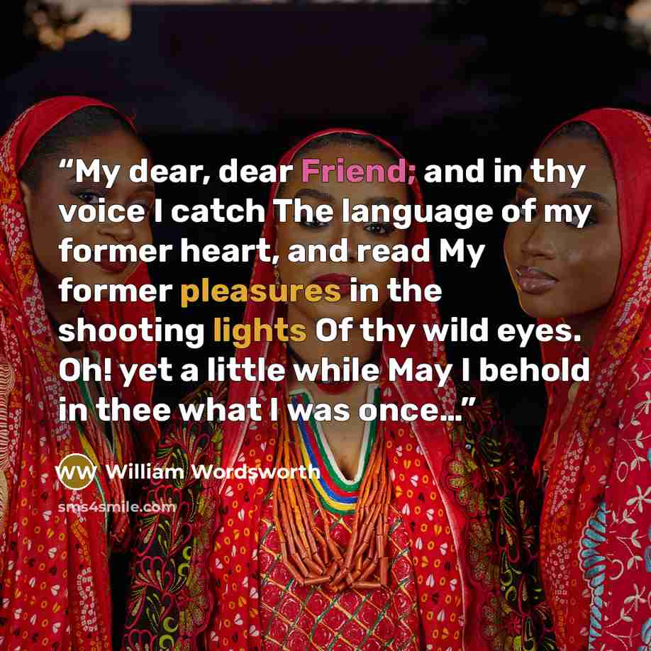 “My dear, dear Friend; and in thy voice I catch The language of my former heart, and read My former pleasures in the shooting lights Of thy wild eyes. Oh! yet a little while May I behold in thee what I was once…” quote by William Wordsworth