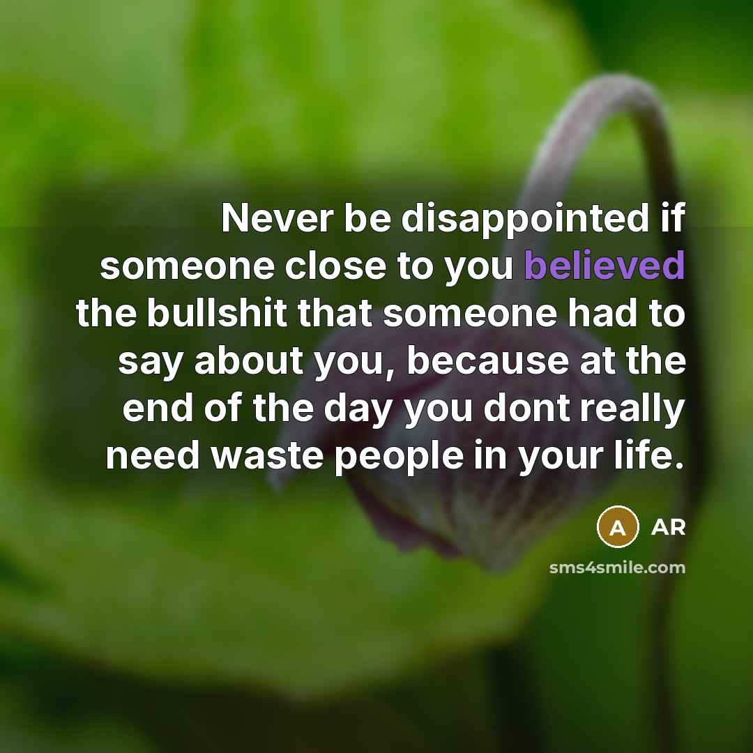 “Never be disappointed if someone close to you believed the bullshit that someone had to say about you, because at the end of the day you dont really need waste people in your life.” quote by AR