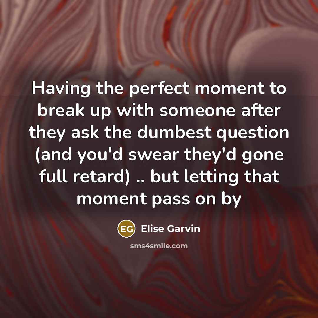 “Having the perfect moment to break up with someone after they ask the dumbest question (and you'd swear they'd gone full retard) .. but letting that moment pass on by” quote by Elise Garvin