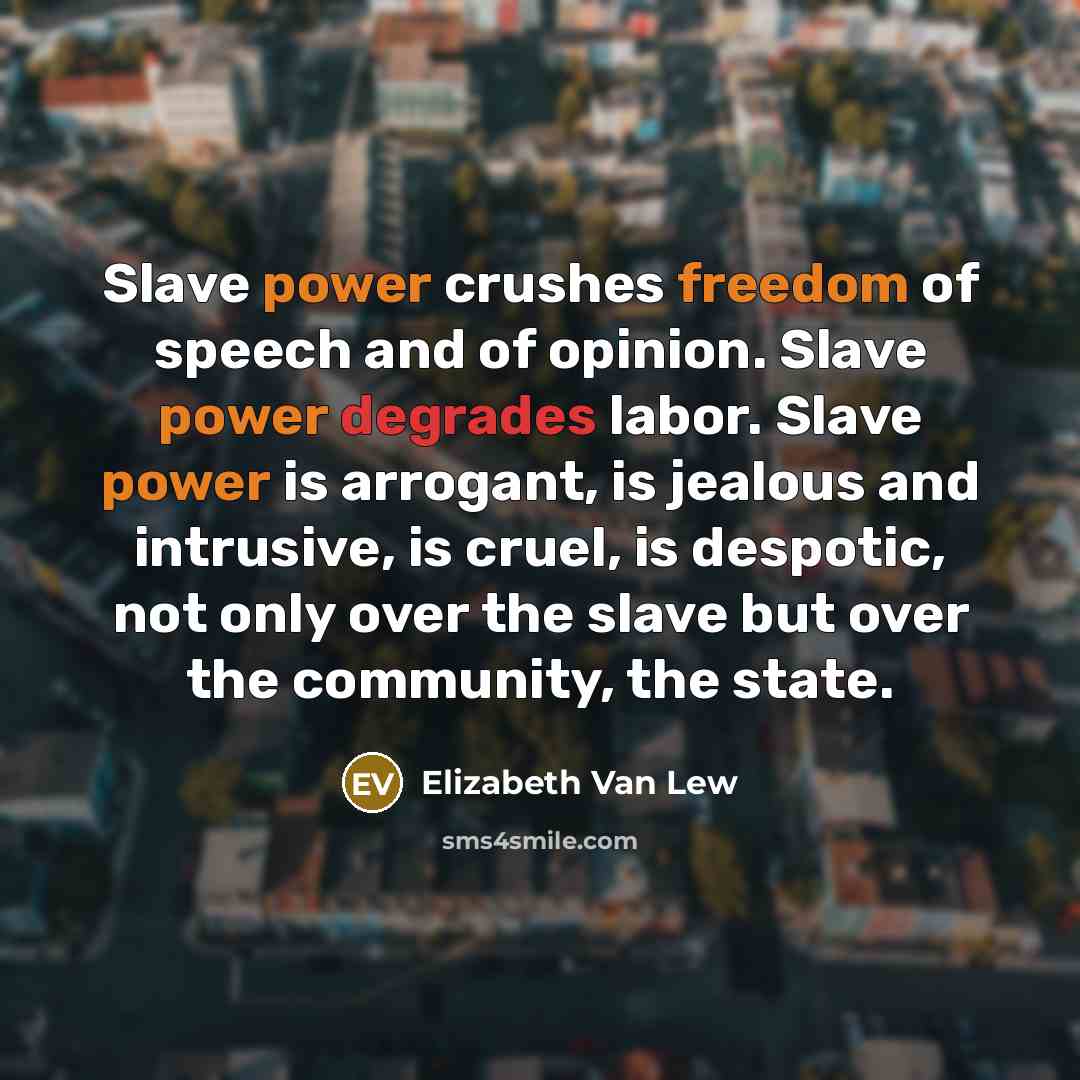 “Slave power crushes freedom of speech and of opinion. Slave power degrades labor. Slave power is arrogant, is jealous and intrusive, is cruel, is despotic, not only over the slave but over the community, the state.” quote by Elizabeth Van Lew