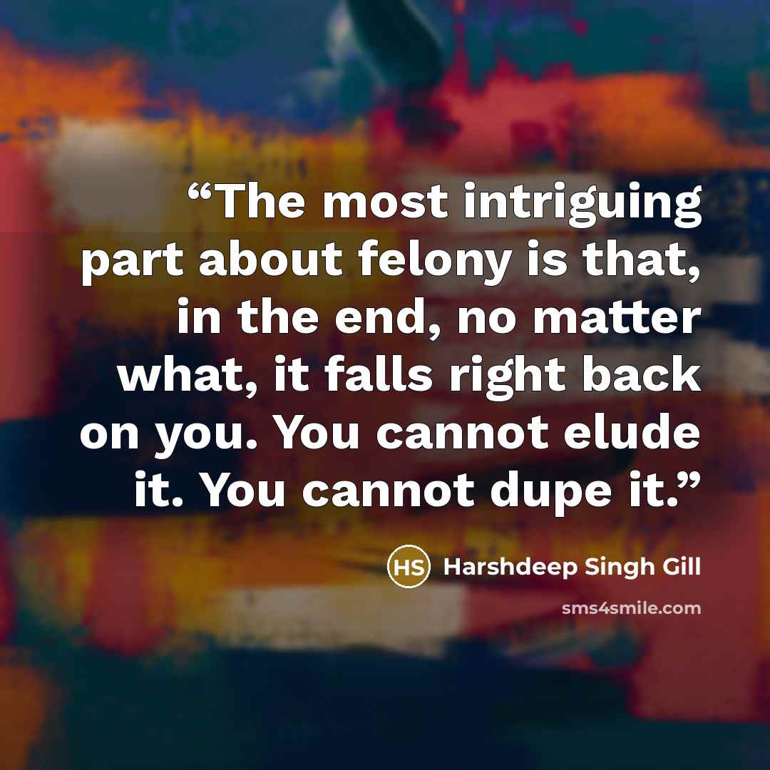 “The most intriguing part about felony is that, in the end, no matter what, it falls right back on you. You cannot elude it. You cannot dupe it.” quote by Harshdeep Singh Gill