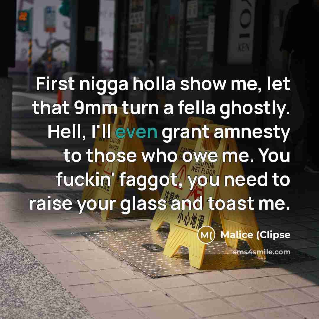 “First nigga holla show me, let that 9mm turn a fella ghostly. Hell, I'll even grant amnesty to those who owe me. You fuckin' faggot, you need to raise your glass and toast me.” quote by Malice (Clipse