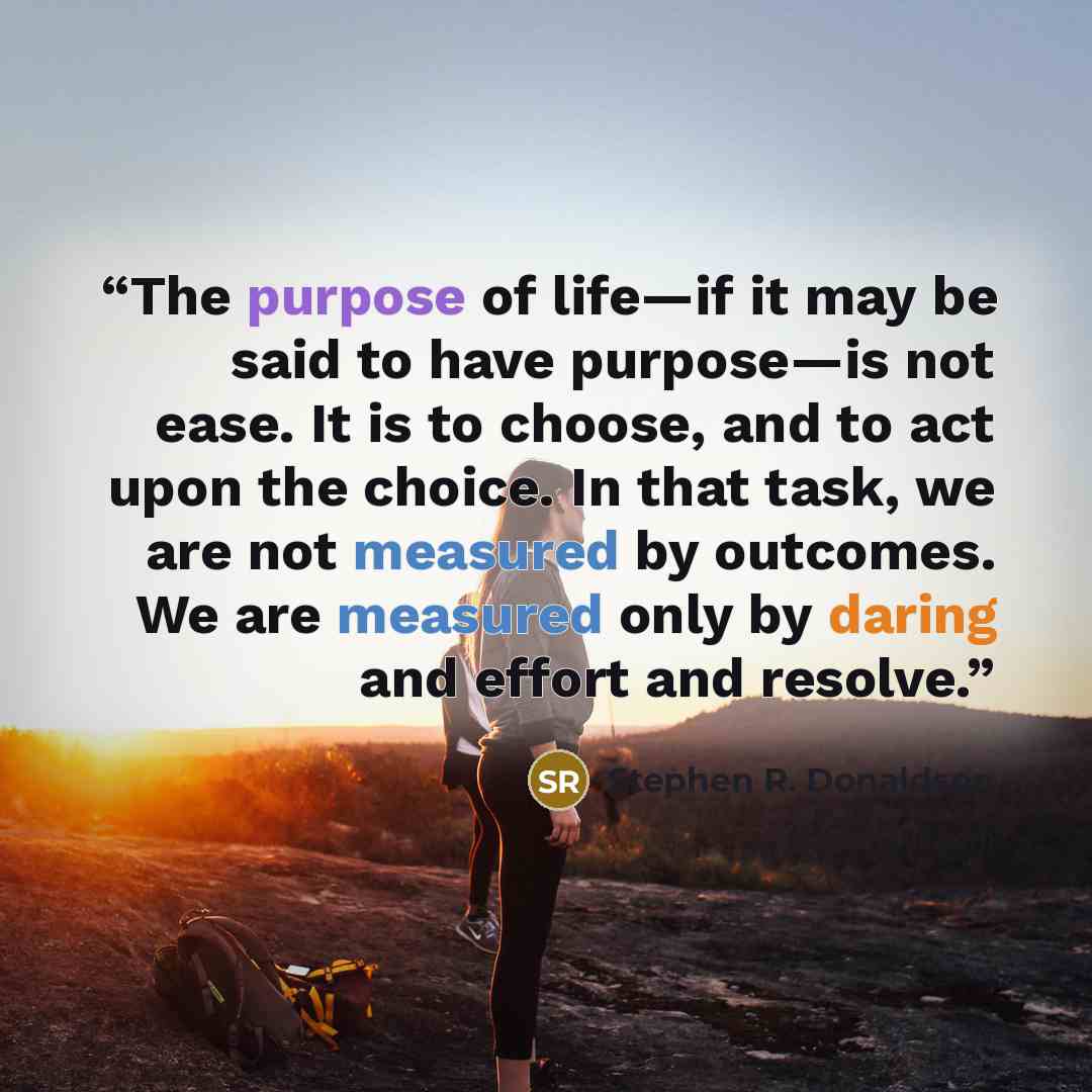 “The purpose of life—if it may be said to have purpose—is not ease. It is to choose, and to act upon the choice. In that task, we are not measured by outcomes. We are measured only by daring and effort and resolve.” quote by Stephen R. Donaldson