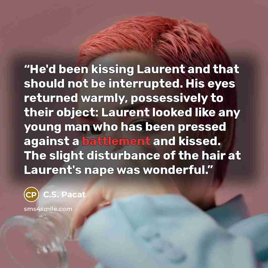 “He'd been kissing Laurent and that should not be interrupted. His eyes returned warmly, possessively to their object: Laurent looked like any young man who has been pressed against a battlement and kissed. The slight disturbance of the hair at Laurent's nape was wonderful.” quote by C.S. Pacat