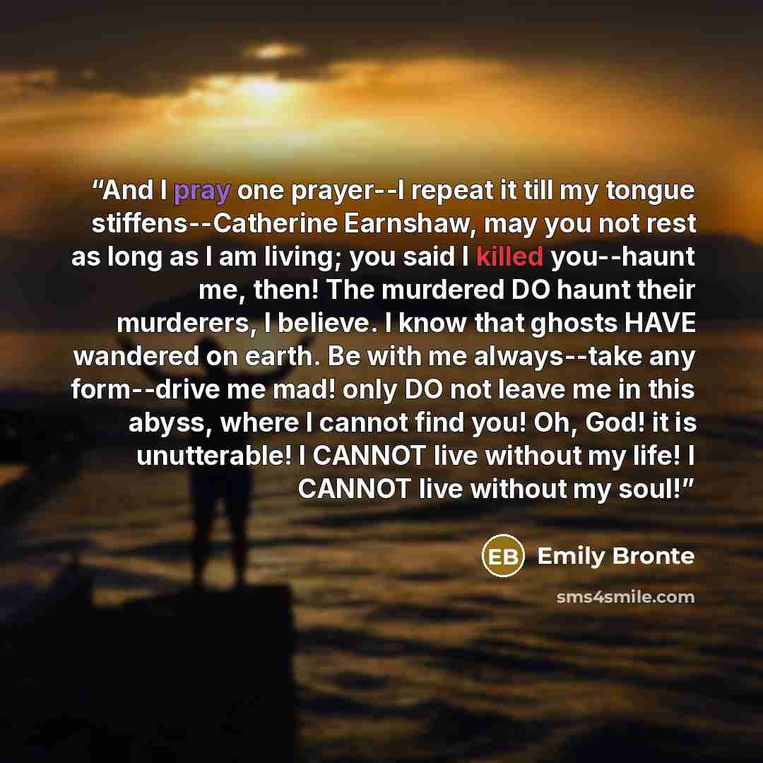 “And I pray one prayer--I repeat it till my tongue stiffens--Catherine Earnshaw, may you not rest as long as I am living; you said I killed you--haunt me, then! The murdered DO haunt their murderers, I believe. I know that ghosts HAVE wandered on earth. Be with me always--take any form--drive me…” quote by Emily Bronte