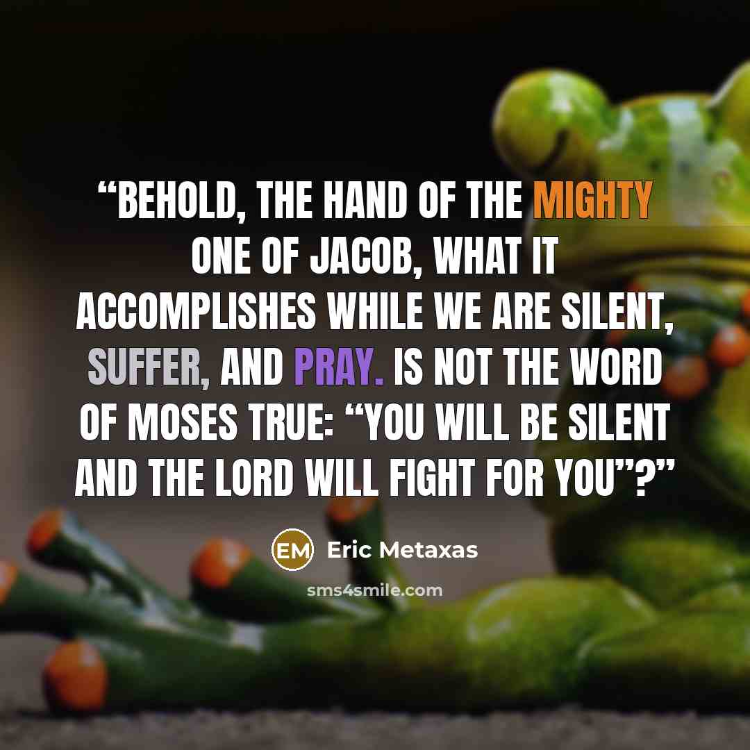“Behold, the hand of the Mighty One of Jacob, what it accomplishes while we are silent, suffer, and pray. Is not the word of Moses true: “You will be silent and the Lord will fight for you”?” quote by Eric Metaxas