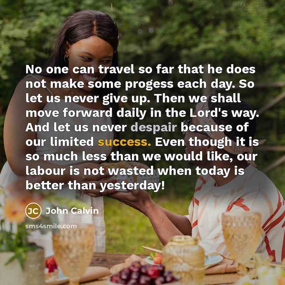“No one can travel so far that he does not make some progess each day. So let us never give up. Then we shall move forward daily in the Lord's way. And let us never despair because of our limited success. Even though it is so much less than we would like, our labour is not wasted when today is…” quote by John Calvin