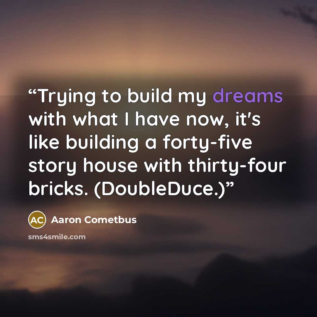 “Trying to build my dreams with what I have now, it's like building a forty-five story house with thirty-four bricks. (DoubleDuce.)” quote by Aaron Cometbus