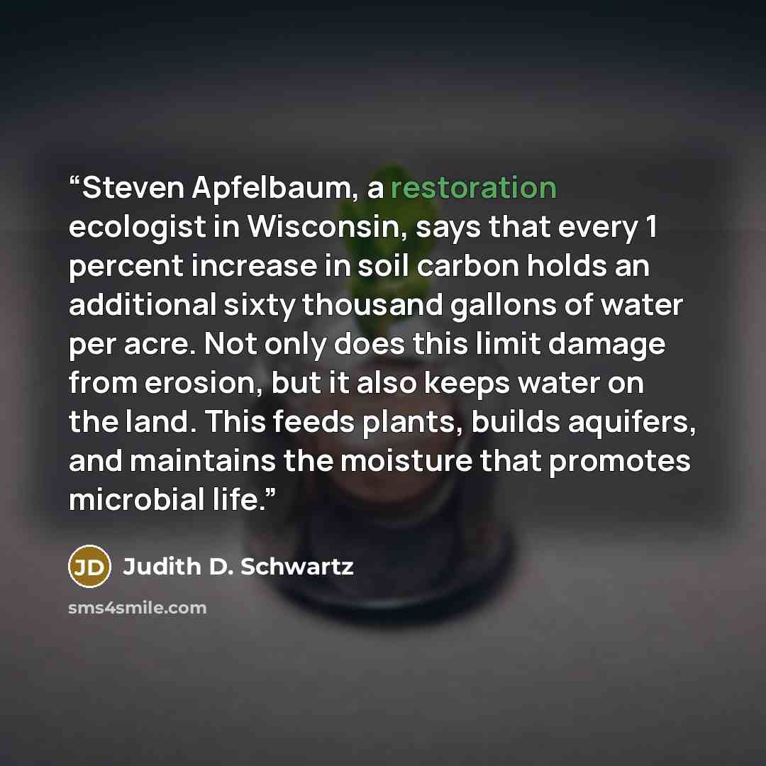 “Steven Apfelbaum, a restoration ecologist in Wisconsin, says that every 1 percent increase in soil carbon holds an additional sixty thousand gallons of water per acre. Not only does this limit damage from erosion, but it also keeps water on the land. This feeds plants, builds aquifers, and…” quote by Judith D. Schwartz