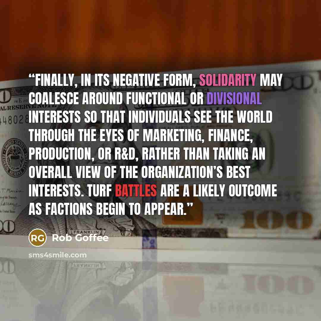 “Finally, in its negative form, solidarity may coalesce around functional or divisional interests so that individuals see the world through the eyes of marketing, finance, production, or R&D, rather than taking an overall view of the organization’s best interests. Turf battles are a likely outcome…” quote by Rob Goffee