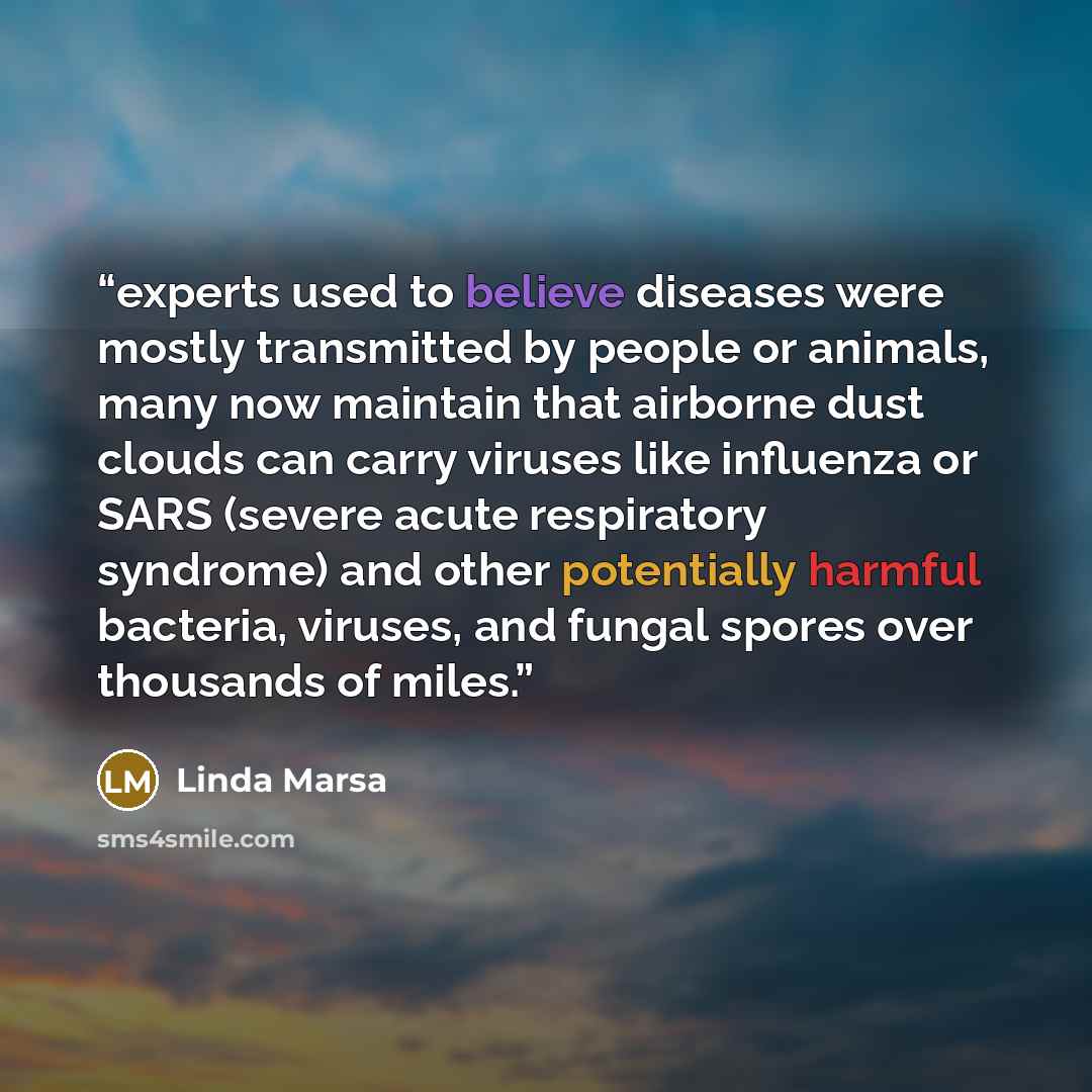 “experts used to believe diseases were mostly transmitted by people or animals, many now maintain that airborne dust clouds can carry viruses like influenza or SARS (severe acute respiratory syndrome) and other potentially harmful bacteria, viruses, and fungal spores over thousands of miles.” quote by Linda Marsa