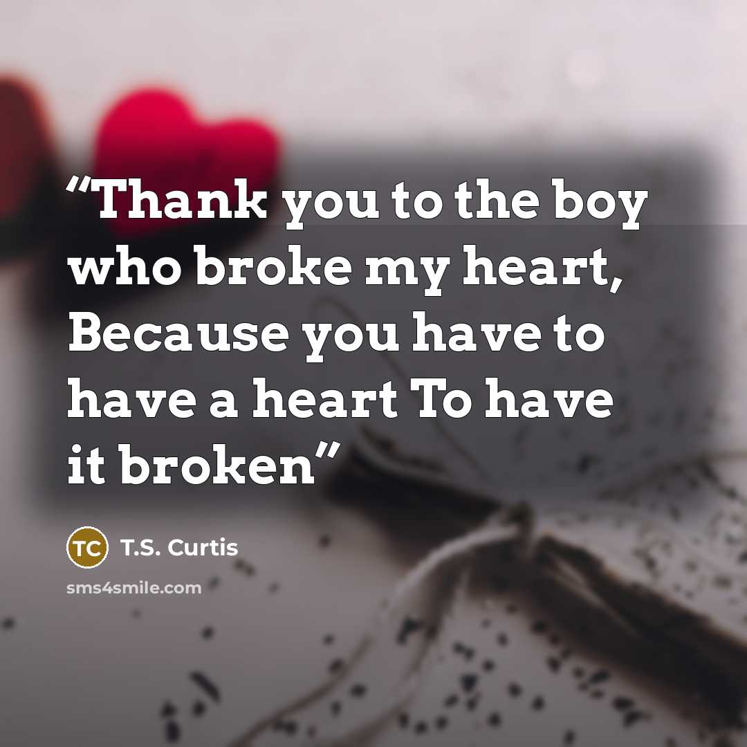 “Thank you to the boy who broke my heart, Because you have to have a heart To have it broken” quote by T.S. Curtis