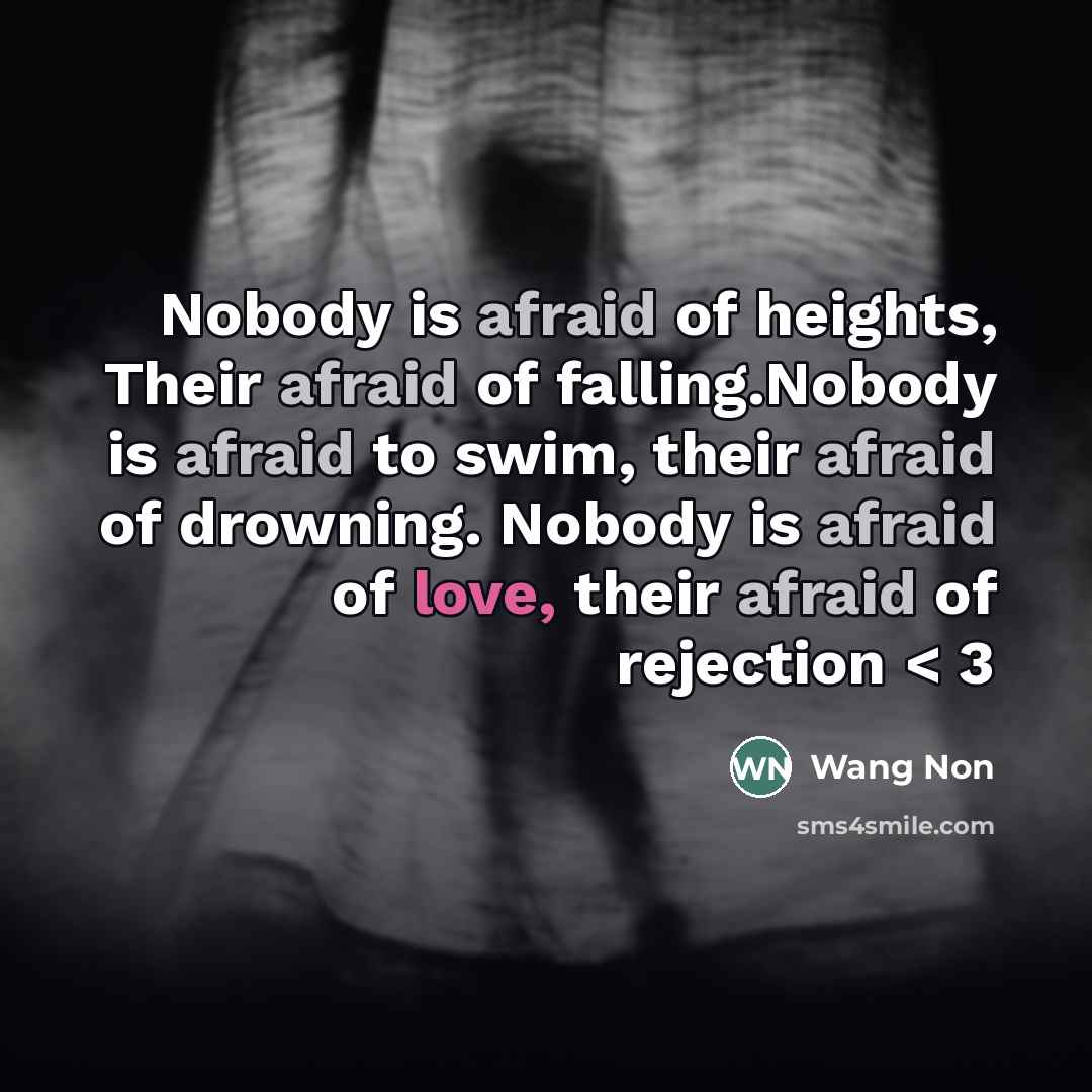 “Nobody is afraid of heights, Their afraid of falling.Nobody is afraid to swim, their afraid of drowning. Nobody is afraid of love, their afraid of rejection < 3” quote by Wang Non