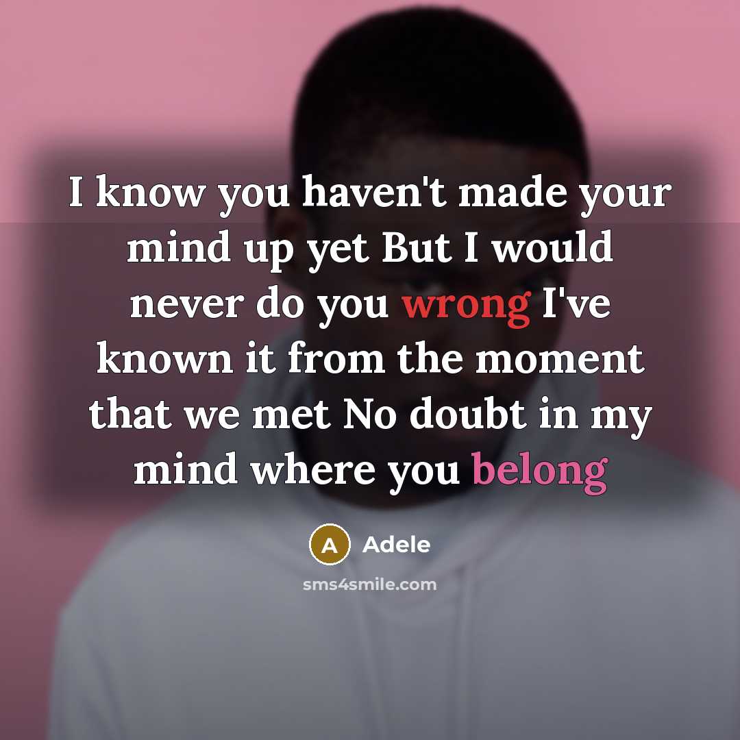 “I know you haven't made your mind up yet But I would never do you wrong I've known it from the moment that we met No doubt in my mind where you belong” quote by Adele