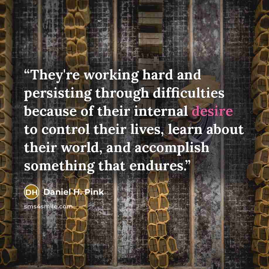 “They're working hard and persisting through difficulties because of their internal desire to control their lives, learn about their world, and accomplish something that endures.” quote by Daniel H. Pink