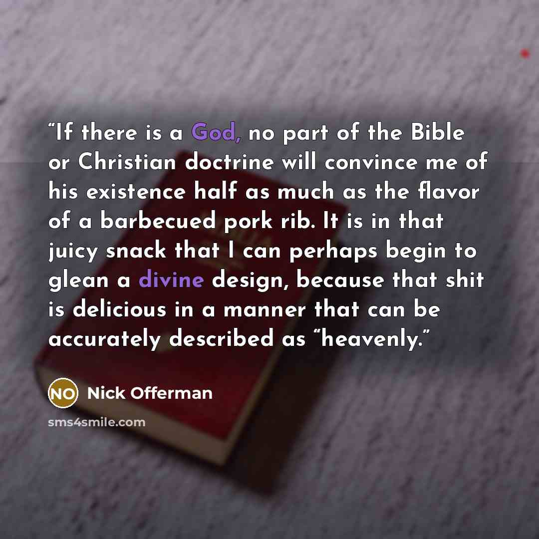 “If there is a God, no part of the Bible or Christian doctrine will convince me of his existence half as much as the flavor of a barbecued pork rib. It is in that juicy snack that I can perhaps begin to glean a divine design, because that shit is delicious in a manner that can be accurately…” quote by Nick Offerman