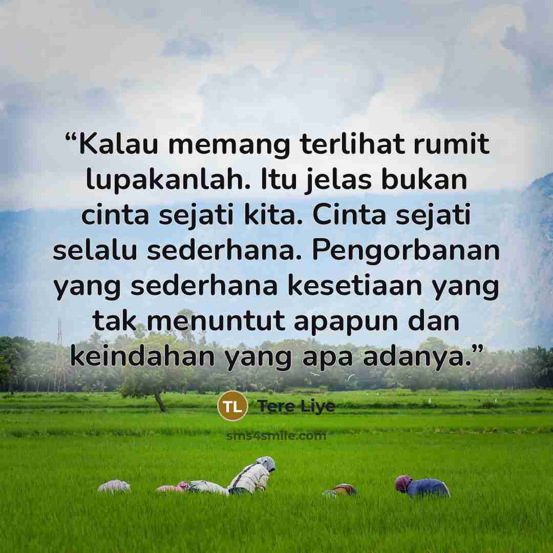 “Kalau memang terlihat rumit lupakanlah. Itu jelas bukan cinta sejati kita. Cinta sejati selalu sederhana. Pengorbanan yang sederhana kesetiaan yang tak menuntut apapun dan keindahan yang apa adanya.” quote by Tere Liye