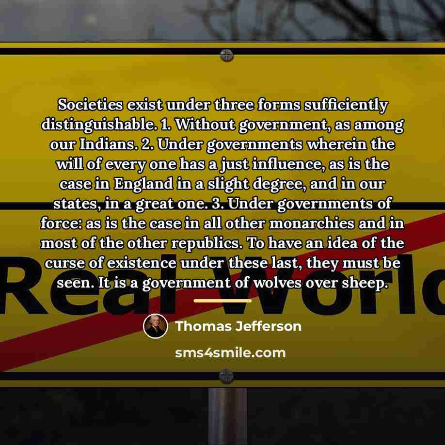 “Societies exist under three forms sufficiently distinguishable. 1. Without government,…” quote by Thomas Jefferson