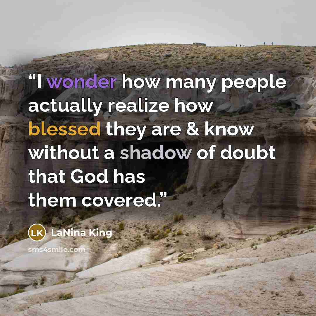 “I wonder how many people actually realize how blessed they are & know without a shadow of doubt that God has them covered.” quote by LaNina King