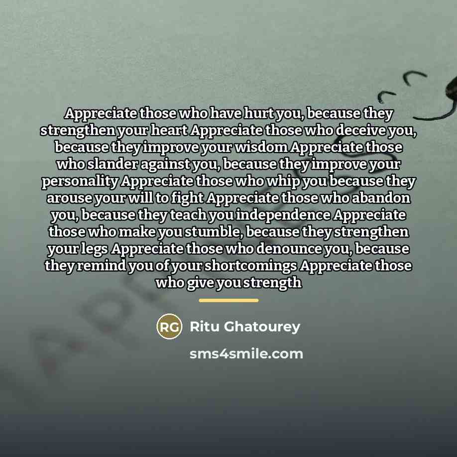 “Appreciate those who have hurt you, because they strengthen your…” quote by Ritu Ghatourey