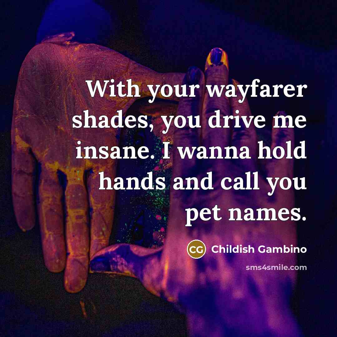 “With your wayfarer shades, you drive me insane. I wanna hold hands and call you pet names.” quote by Childish Gambino