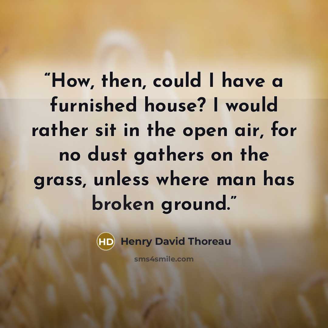 “How, then, could I have a furnished house? I would rather sit in the open air, for no dust gathers on the grass, unless where man has broken ground.” quote by Henry David Thoreau