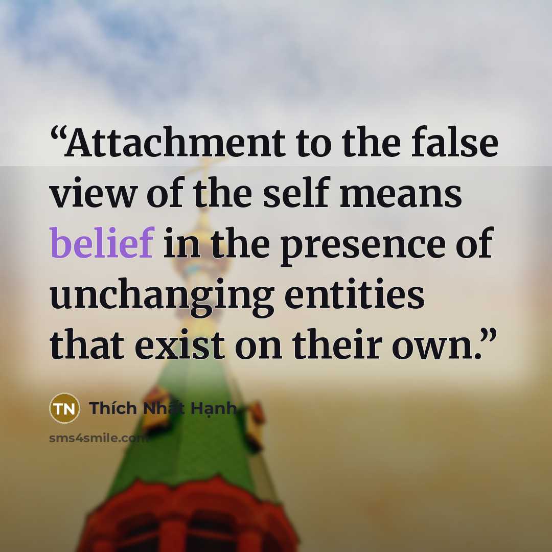 “Attachment to the false view of the self means belief in the presence of unchanging entities that exist on their own.” quote by Thich Nhat Hanh