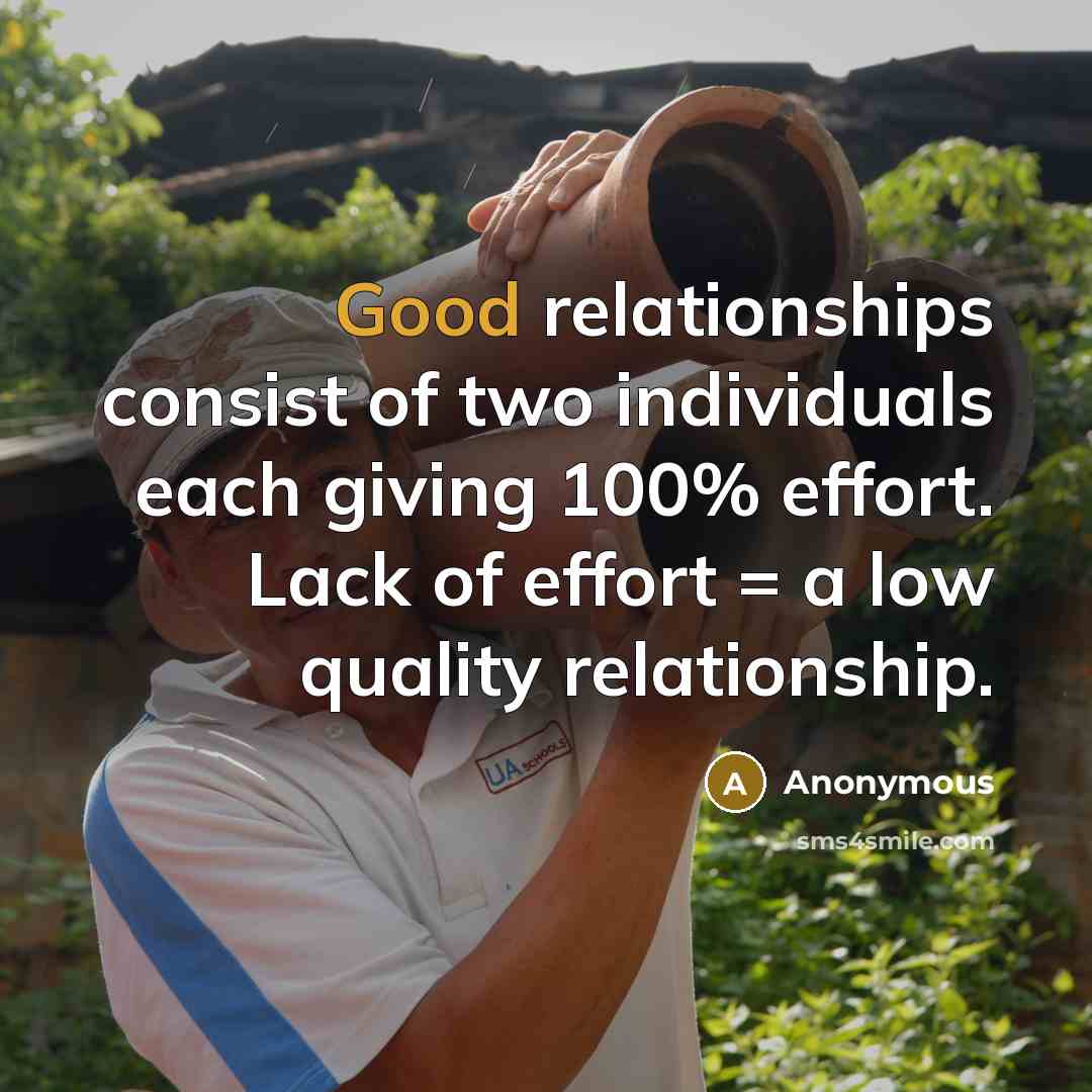 “Good relationships consist of two individuals each giving 100% effort. Lack of effort = a low quality relationship.” quote by Anonymous