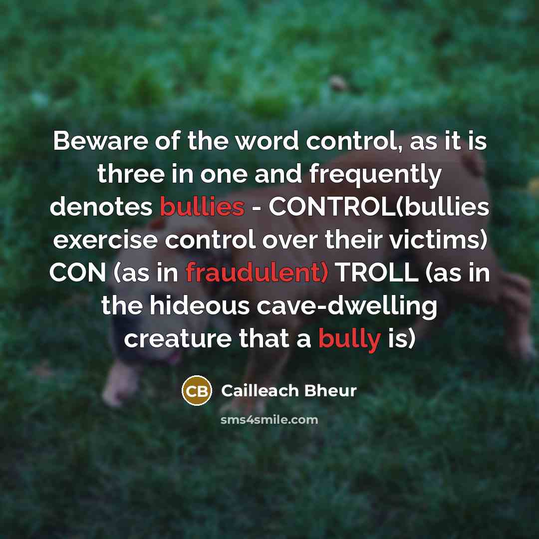 “Beware of the word control, as it is three in one and frequently denotes bullies - CONTROL(bullies exercise control over their victims) CON (as in fraudulent) TROLL (as in the hideous cave-dwelling creature that a bully is)” quote by Cailleach Bheur