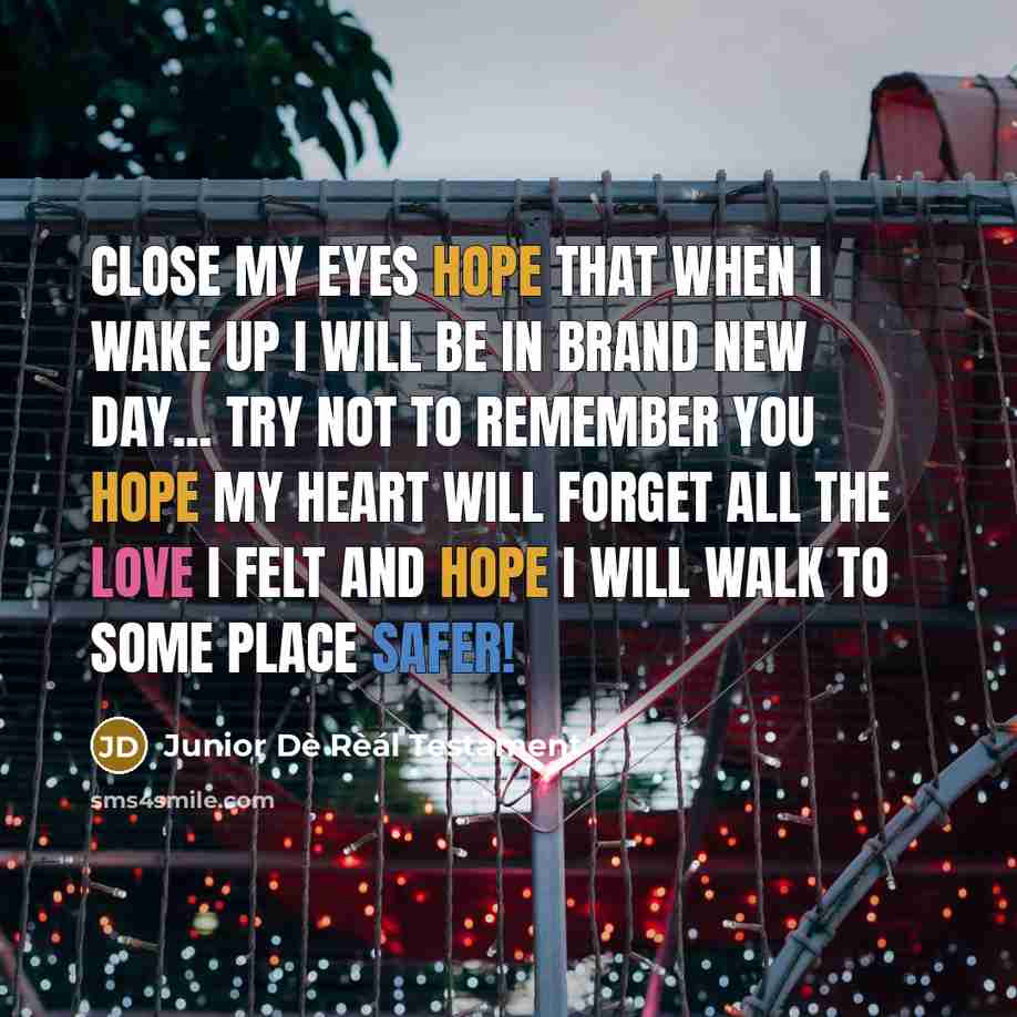 “CLose mY eyeS hoPe ThaT WheN I waKe Up I WiLL Be In BraNd NeW Day... Try NoT To ReMeMbeR YoU HoPe My HearT wiLL FoRgeT aLL The LOVE I Felt aNd HopE I WiLL WaLk to some place safer!” quote by Junior Dè Rèál Testament
