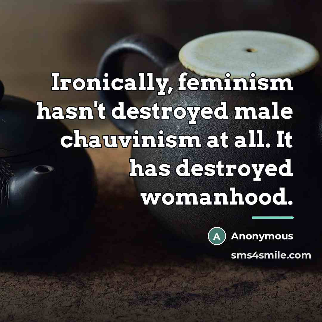 “Ironically, feminism hasn't destroyed male chauvinism at all. It has…” quote by Anonymous