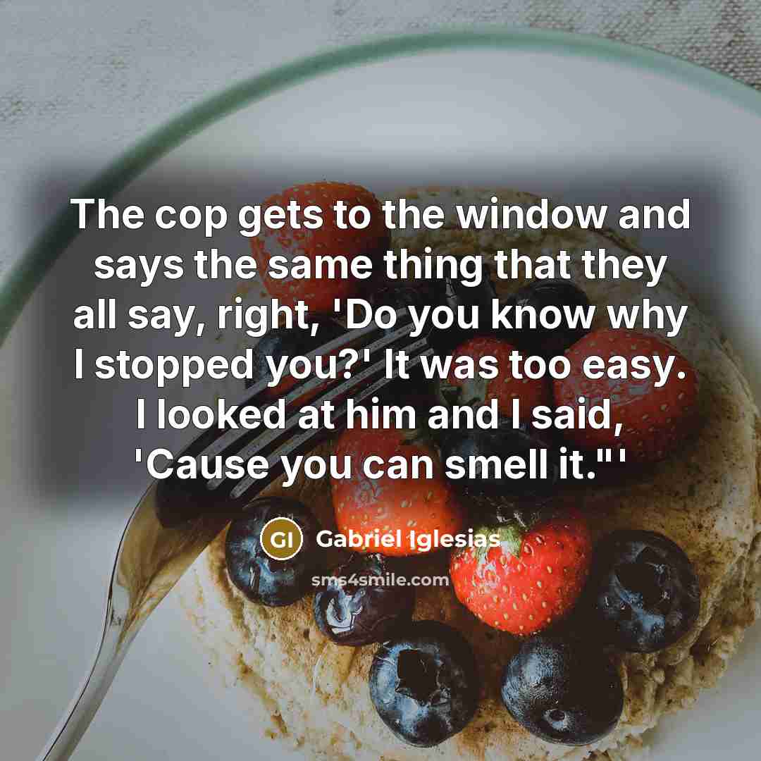 “The cop gets to the window and says the same thing that they all say, right, 'Do you know why I stopped you?' It was too easy. I looked at him and I said, 'Cause you can smell it."'” quote by Gabriel Iglesias