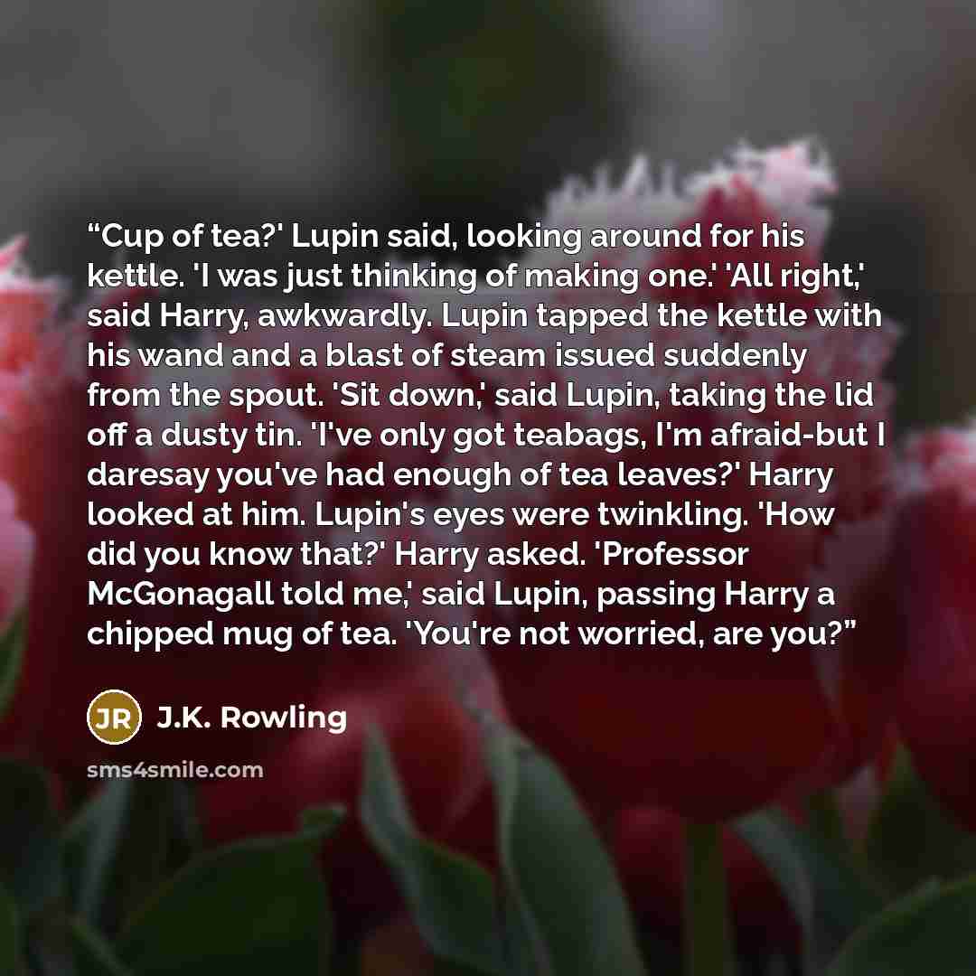 “Cup of tea?' Lupin said, looking around for his kettle. 'I was just thinking of making one.' 'All right,' said Harry, awkwardly. Lupin tapped the kettle with his wand and a blast of steam issued suddenly from the spout. 'Sit down,' said Lupin, taking the lid off a dusty tin. 'I've only got…” quote by J.K. Rowling