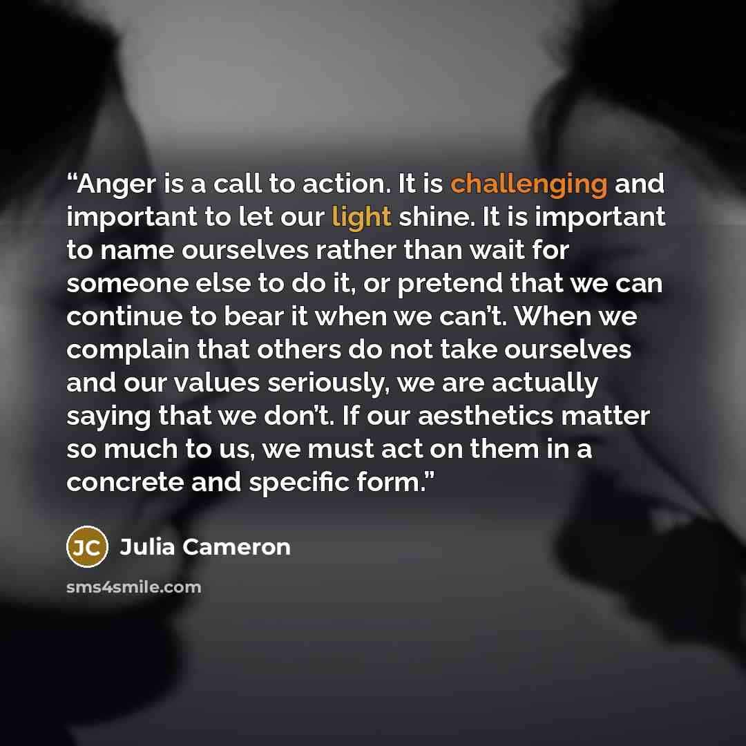 “Anger is a call to action. It is challenging and important to let our light shine. It is important to name ourselves rather than wait for someone else to do it, or pretend that we can continue to bear it when we can’t. When we complain that others do not take ourselves and our values seriously, we…” quote by Julia Cameron