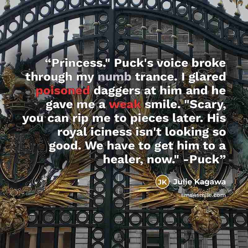 “Princess." Puck's voice broke through my numb trance. I glared poisoned daggers at him and he gave me a weak smile. "Scary, you can rip me to pieces later. His royal iciness isn't looking so good. We have to get him to a healer, now." -Puck” quote by Julie Kagawa