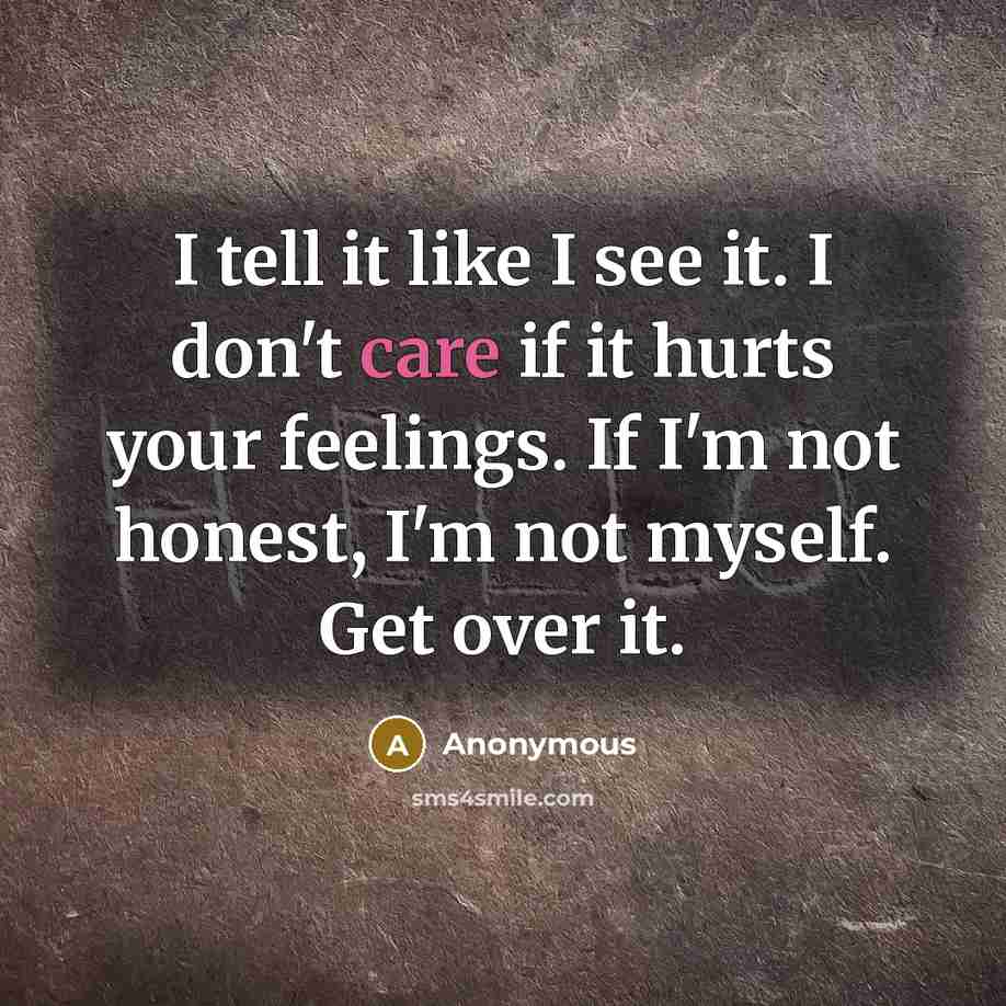 “I tell it like I see it. I don't care if it hurts your feelings. If I'm not honest, I'm not myself. Get over it.” quote by Anonymous