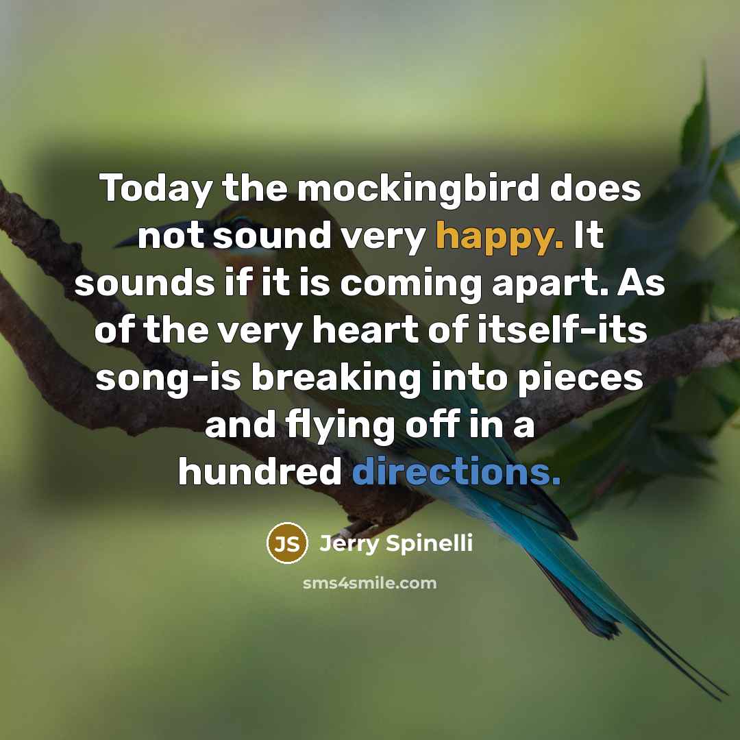 “Today the mockingbird does not sound very happy. It sounds if it is coming apart. As of the very heart of itself-its song-is breaking into pieces and flying off in a hundred directions.” quote by Jerry Spinelli