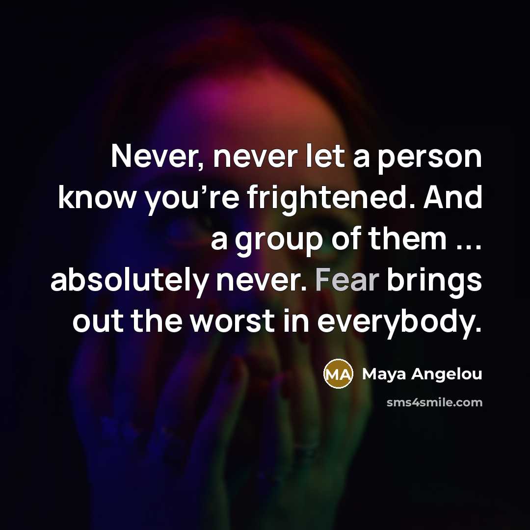 “Never, never let a person know you're frightened. And a…” quote by Maya Angelou