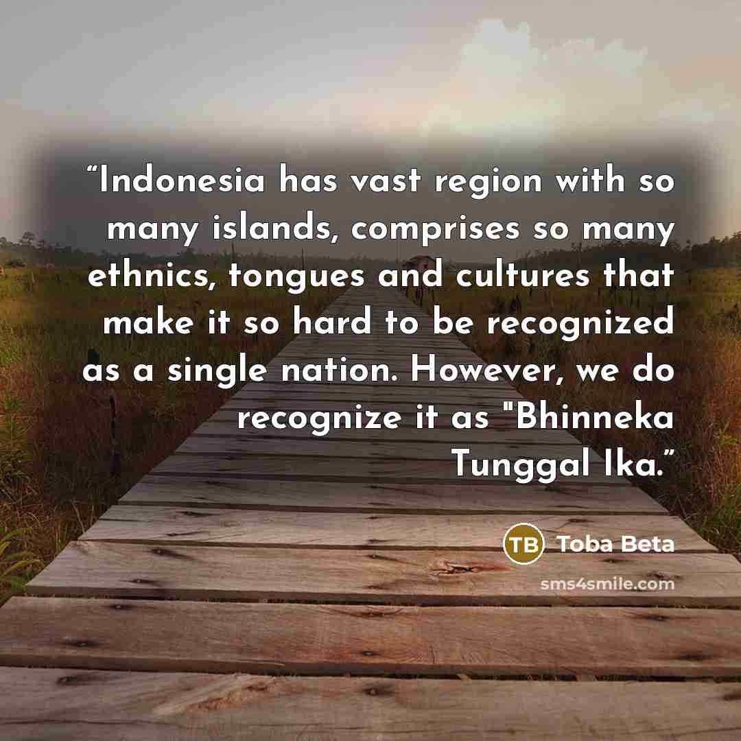 “Indonesia has vast region with so many islands, comprises so many ethnics, tongues and cultures that make it so hard to be recognized as a single nation. However, we do recognize it as "Bhinneka Tunggal Ika.” quote by Toba Beta