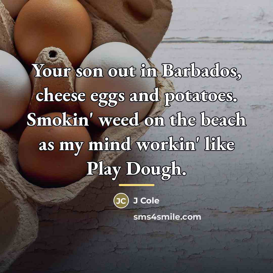 “Your son out in Barbados, cheese eggs and potatoes. Smokin'…” quote by J Cole