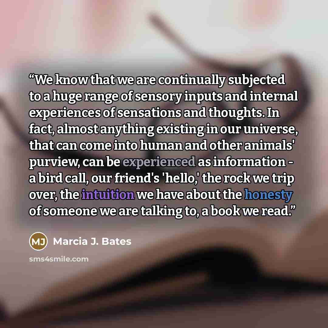 “We know that we are continually subjected to a huge range of sensory inputs and internal experiences of sensations and thoughts. In fact, almost anything existing in our universe, that can come into human and other animals' purview, can be experienced as information - a bird call, our friend's…” quote by Marcia J. Bates