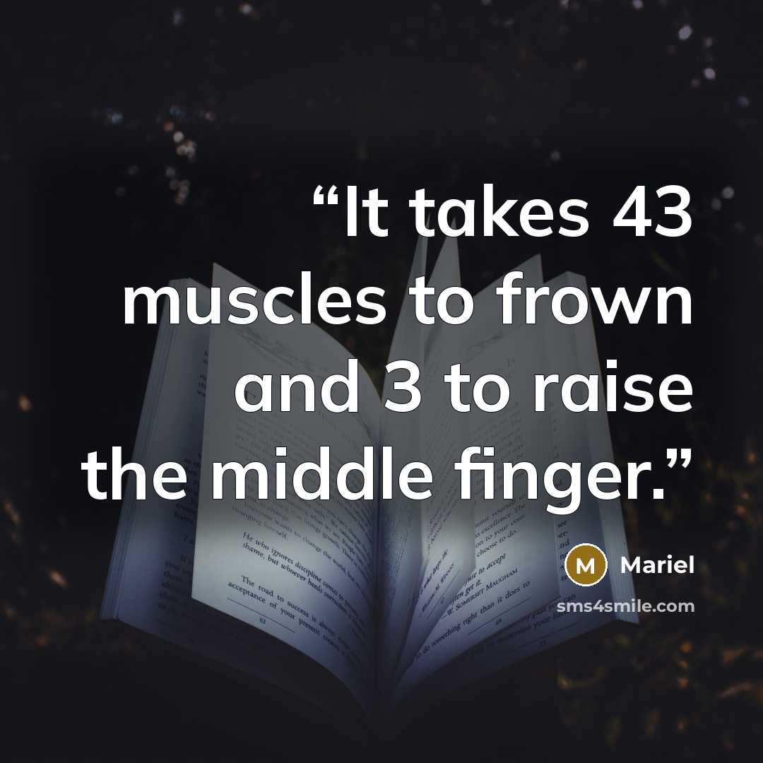 “It takes 43 muscles to frown and 3 to raise the middle finger.” quote by Mariel