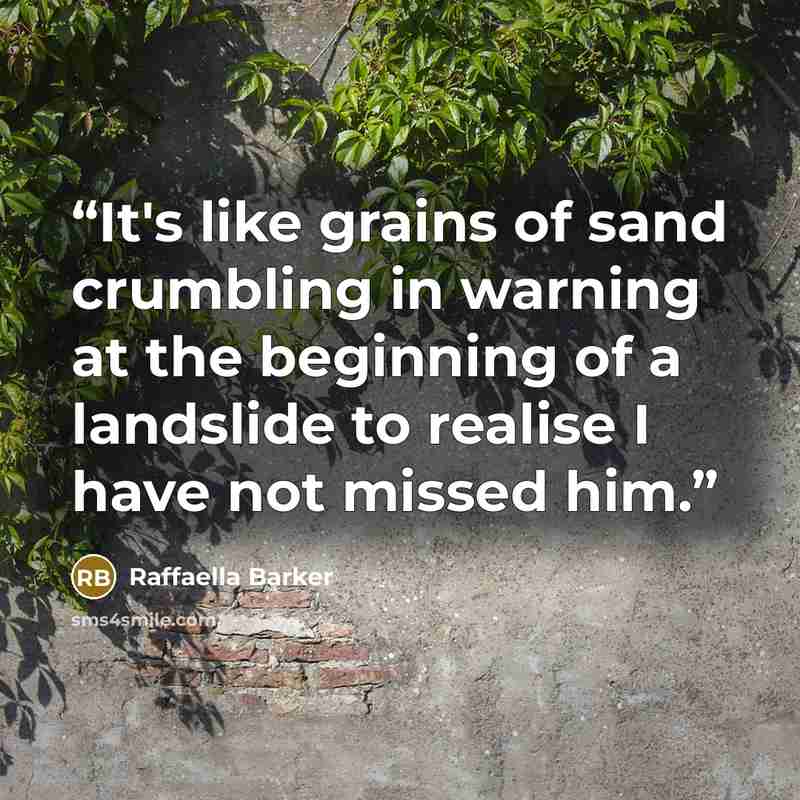 “It's like grains of sand crumbling in warning at the beginning of a landslide to realise I have not missed him.” quote by Raffaella Barker